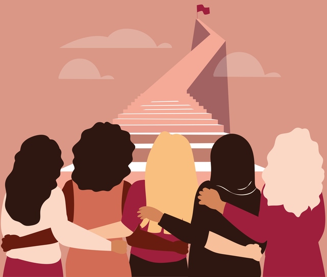 Independent women of different ethnicities stand side by side together while climbing highly on the stairs. Women empowerment and rights concept